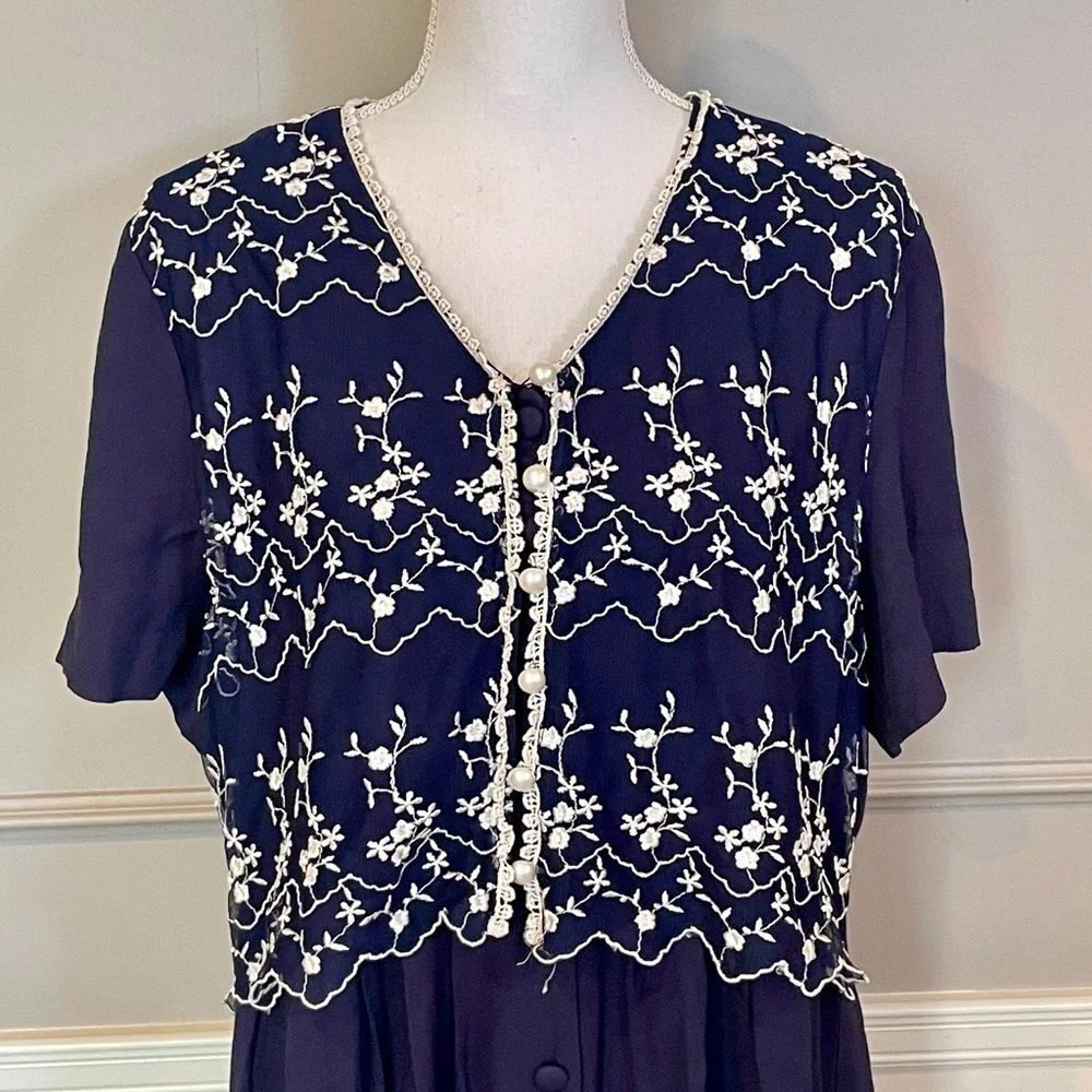 Vintage 90s S.L. Fashions 18 navy dress with faux vest floral embroidered long